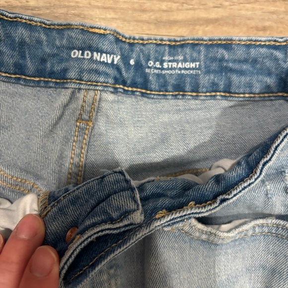 Old Navy High Rise O.G. Straight Secret Smooth Pocket Distressed Blue Jeans 6 - Picture 5 of 8